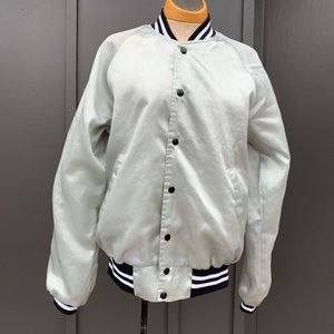 Vintage Silver Satin Bomber Baseball Jacket